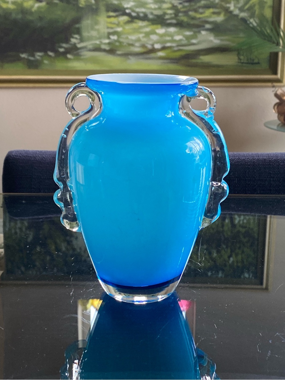 Vintage Murano Style Turquoise Blue Art Glass Vase Clear Applied Handles MCM